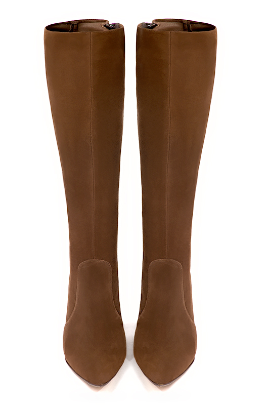 Caramel brown women's feminine knee-high boots. Tapered toe. Very high slim heel. Made to measure. Top view - Florence KOOIJMAN